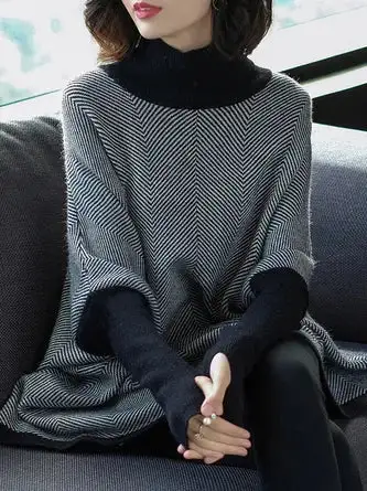 Ribbed Chevron Knit Poncho