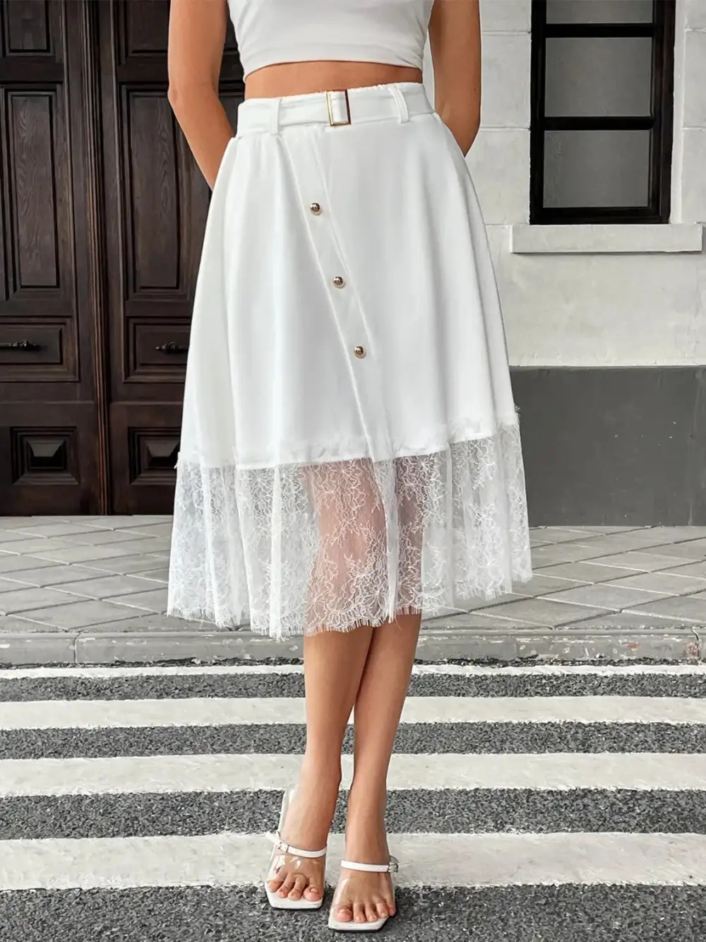 Button Front Lace Skirt