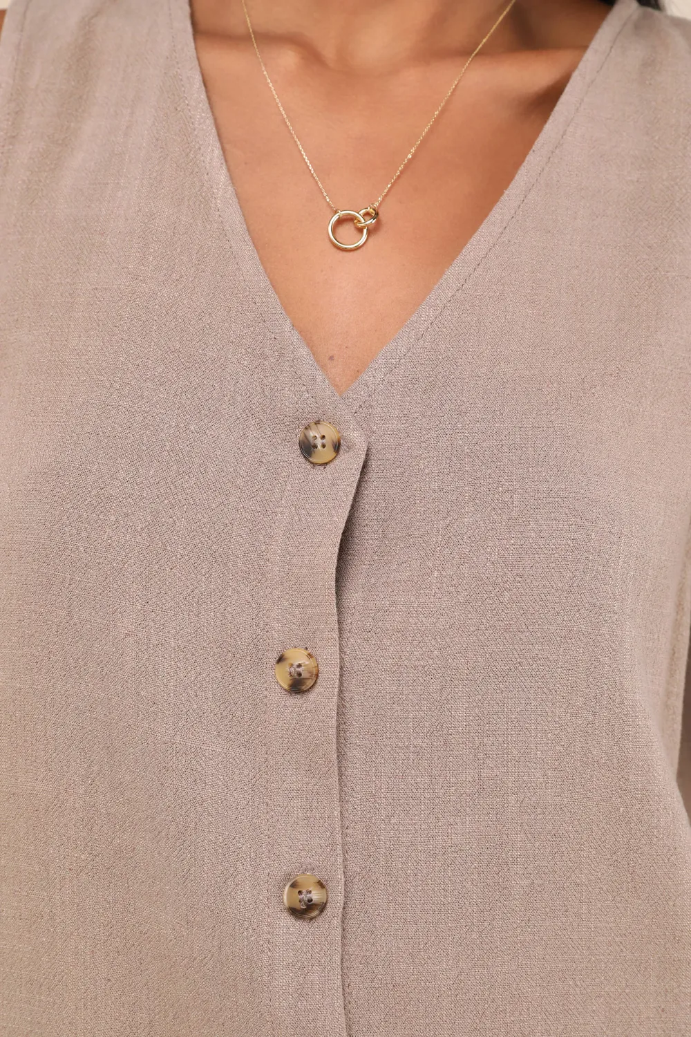 Casual Style Linen Sleeveless Button-Front Top
