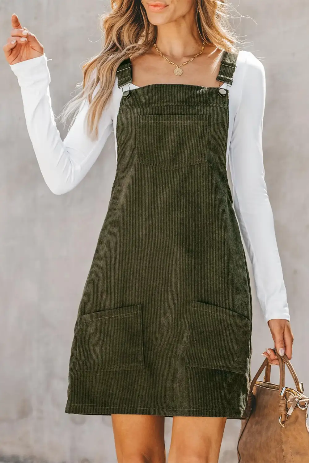 Classic Solid Front Pockets Sleeveless Corduroy Overall Dress