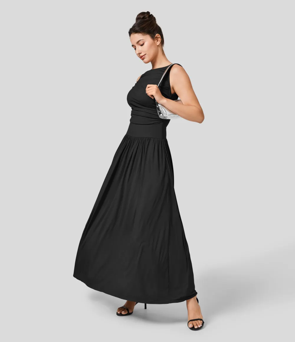 Ribbed Boat Neck Ruched Side Pocket Flowy Maxi Casual Dress
