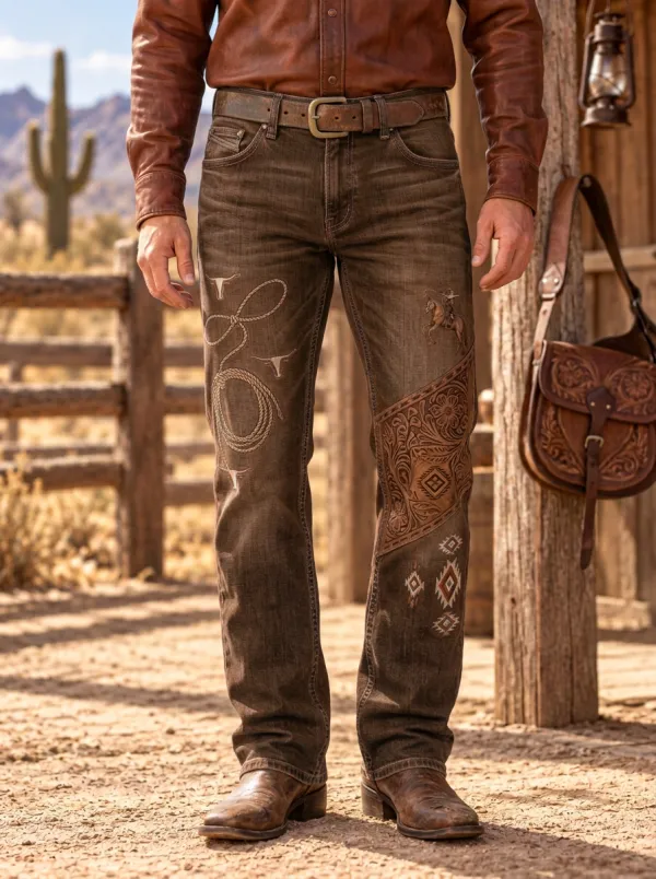Men's Western Cowboy Lasso Floral Jeans