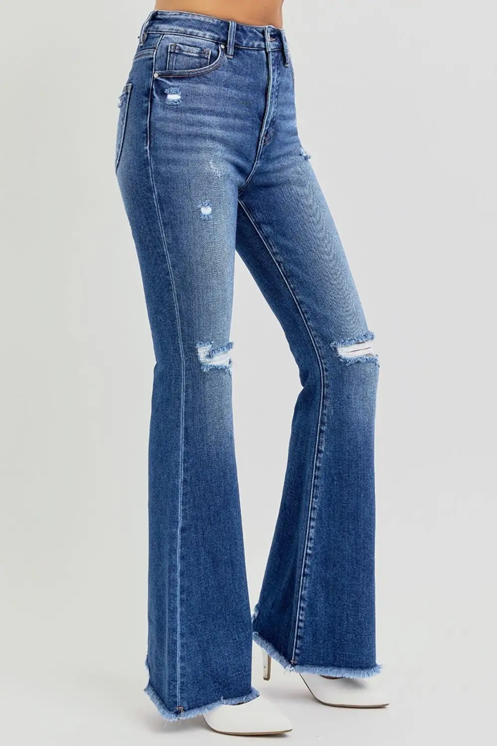 High Rise Distressed Raw Hem Flared Denim Jeans