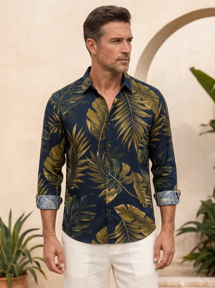Men's Tropical Leaf Print Long Sleeve Shirt with All-Over tropical leaf print