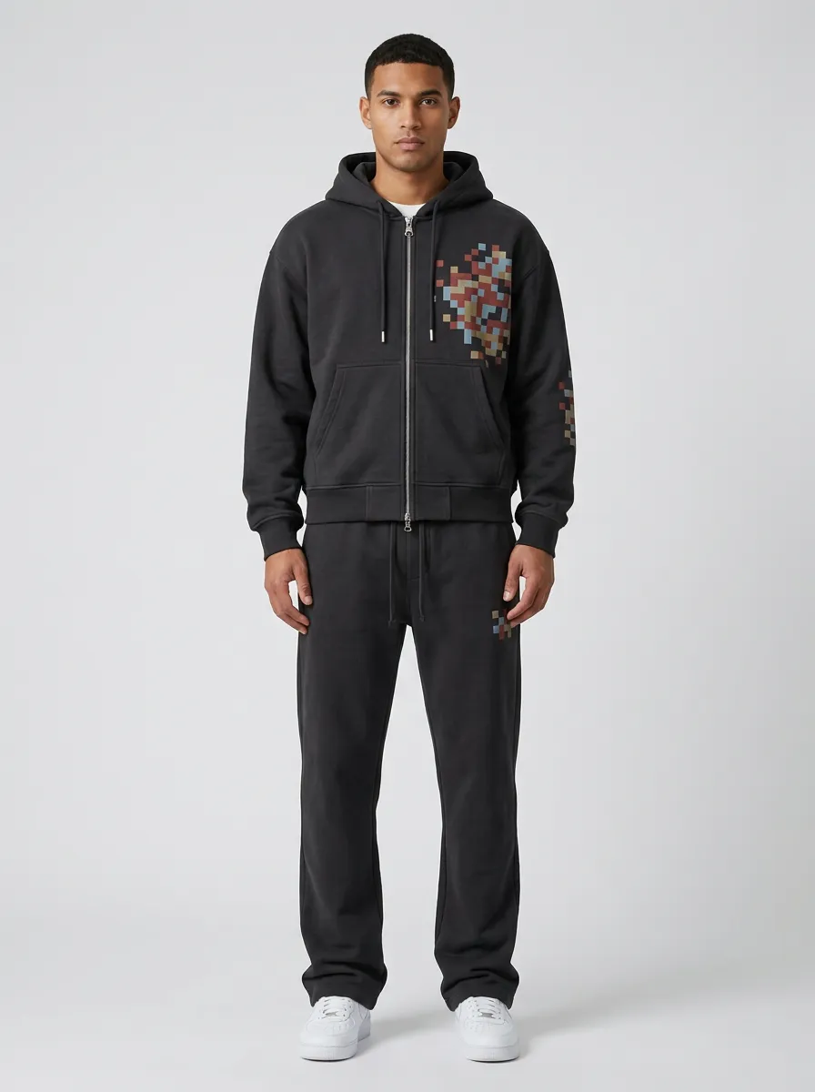 Men's Pixel Art Graphic Printed Zip-up Hoodie Sweatpants Set