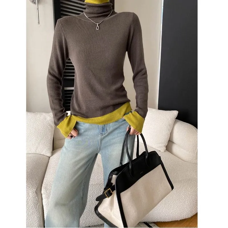 Tailored Color Block High Neck Fitted Knit Sweater