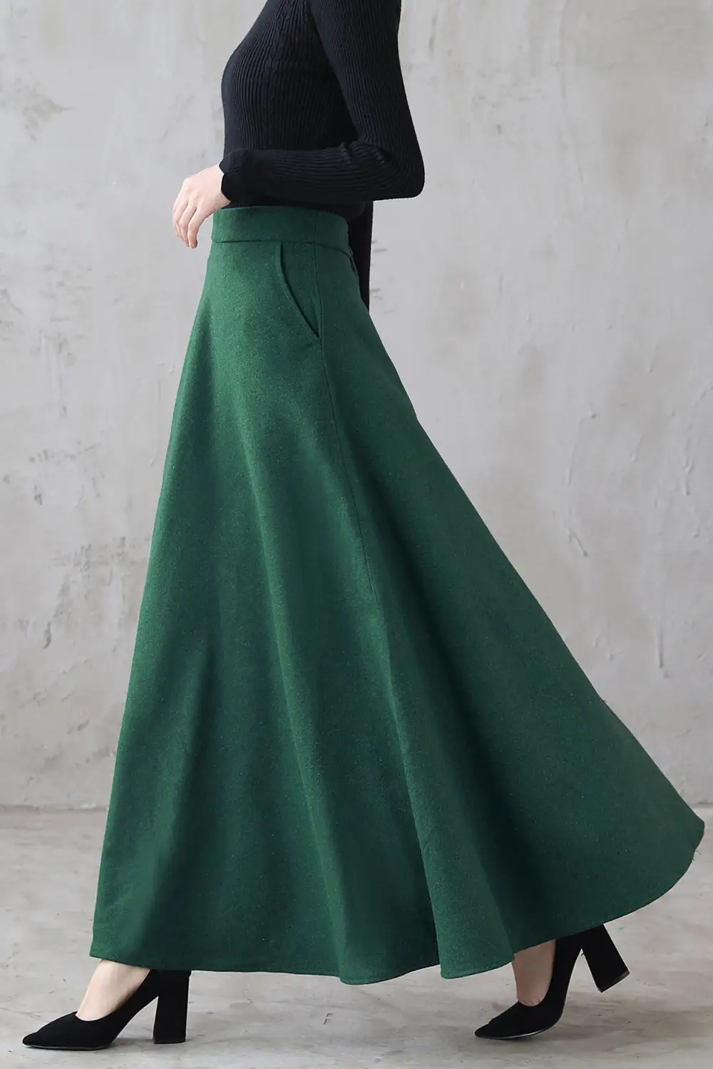 Checkered Wool Blend A Line Flared High Waist Maxi Skirt