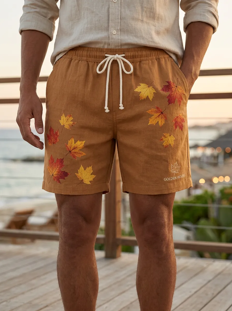 Tan Maple Leaf Print Drawstring Feature Shorts