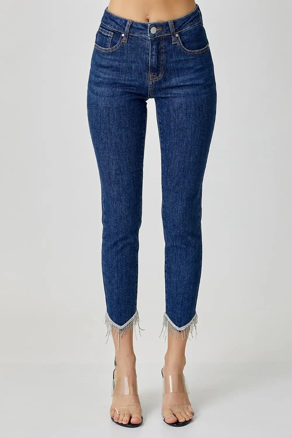 Embellished Mid Rise Crop Skinny Denim Jeans