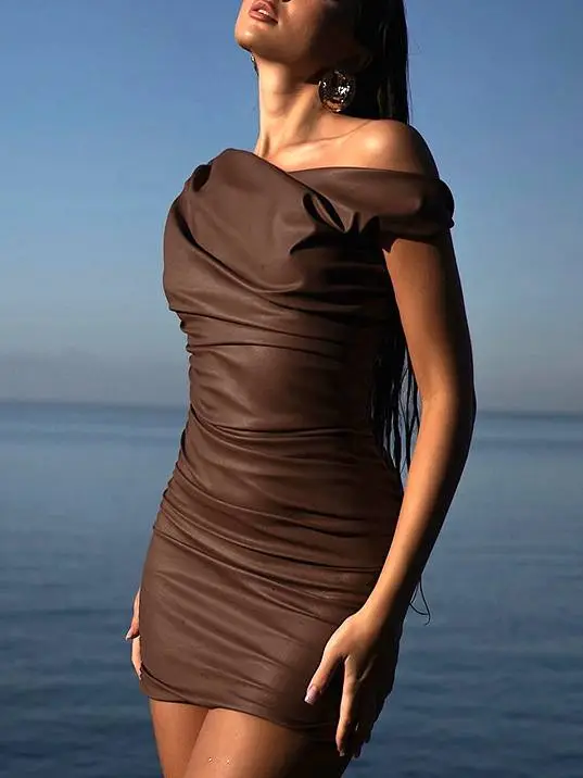 Imitation Leather Skew Shoulder Kink Mini Dress