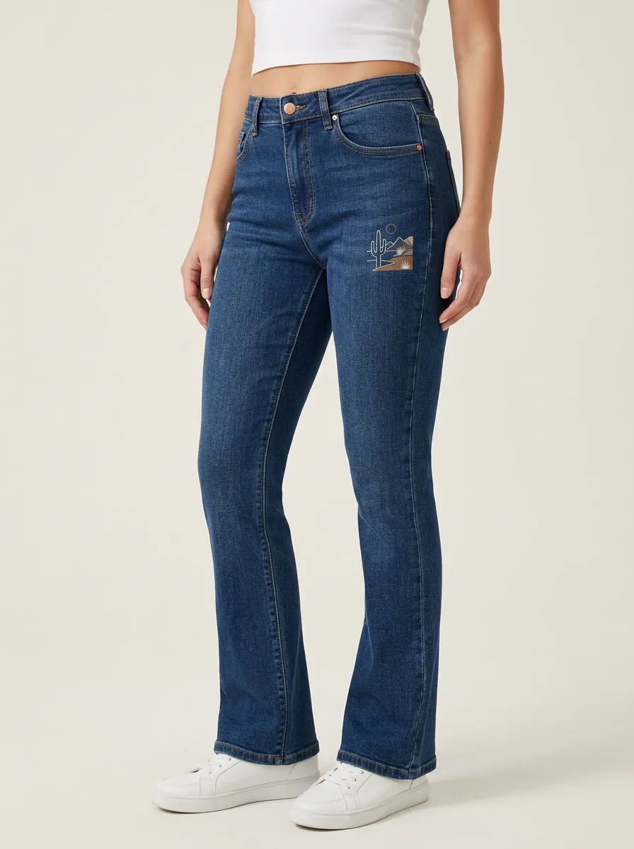 Women's Cactus Landscape Embroidered High-Rise Flare Jeans