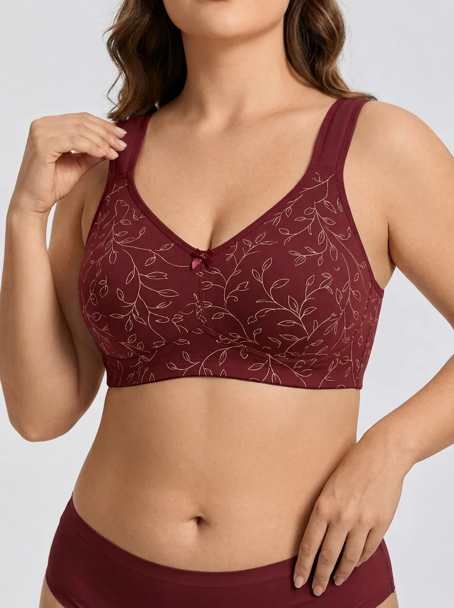 Women's Plus Size Beige Leaf Full-Coverage V-Neck Wireless Bra