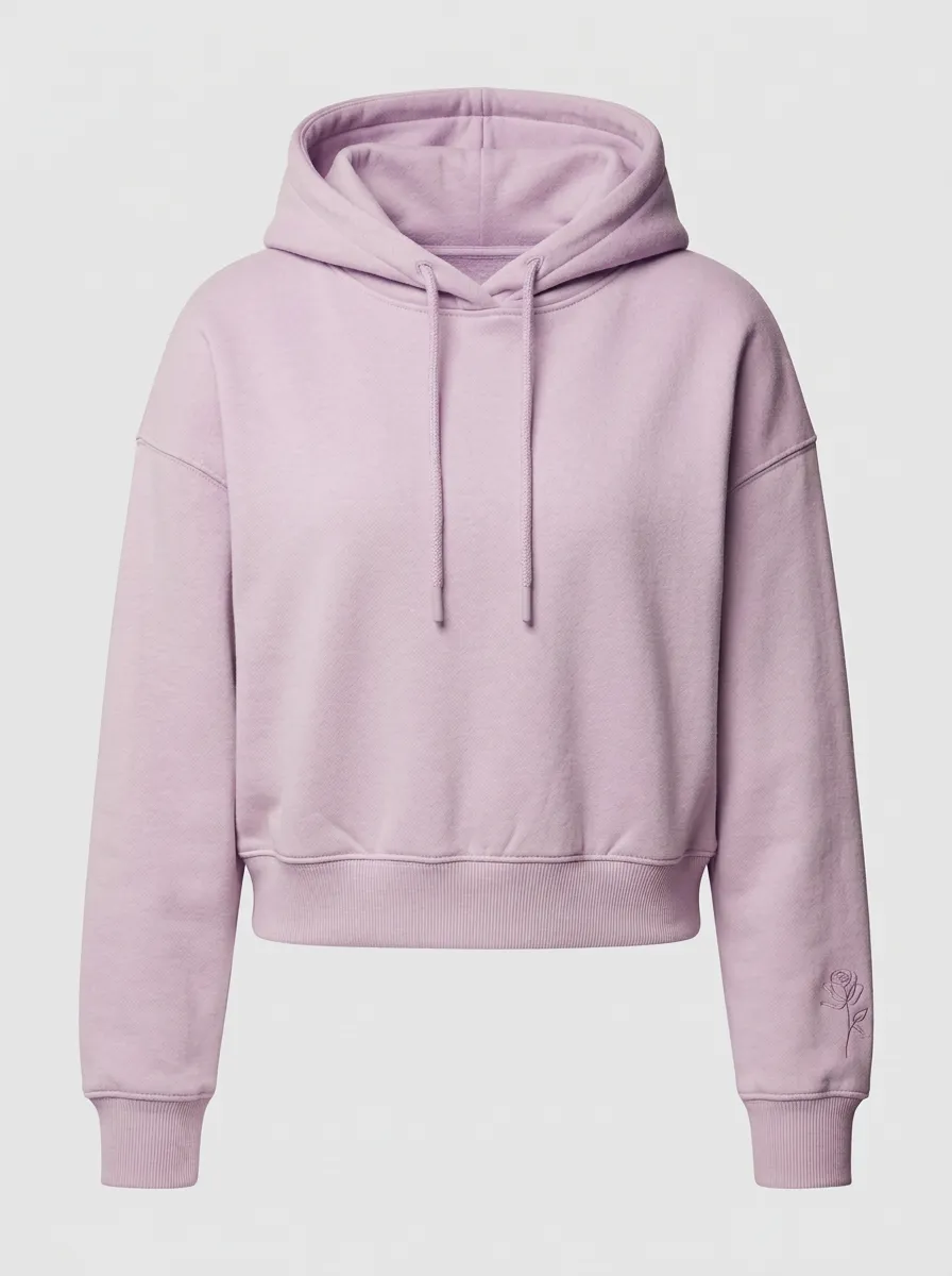 Women's Minimalist Rose Embroidered Beige Cropped Hoodie