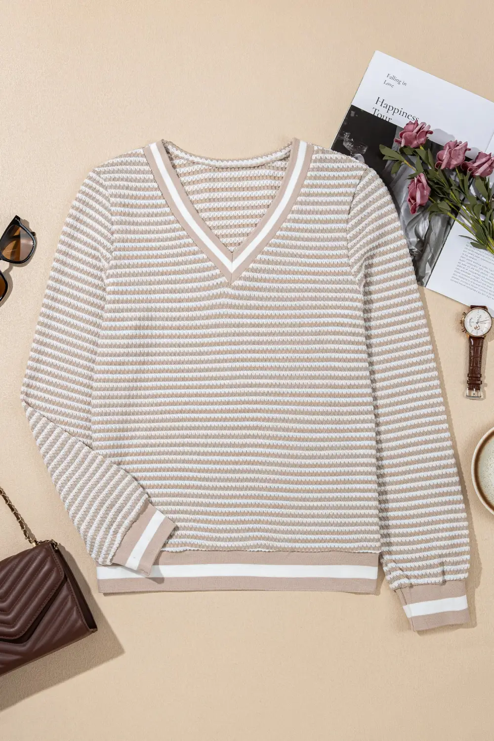 Women's Striped Textured Knit V Neck Top