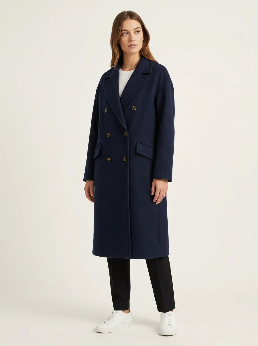Women's Navy Blue Double-Breasted Wool-Blend Long Coat