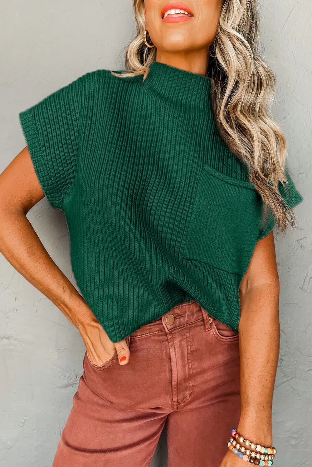 Patch Pocket Ribbed Knit Short Sleeve Textured Layer Sweater