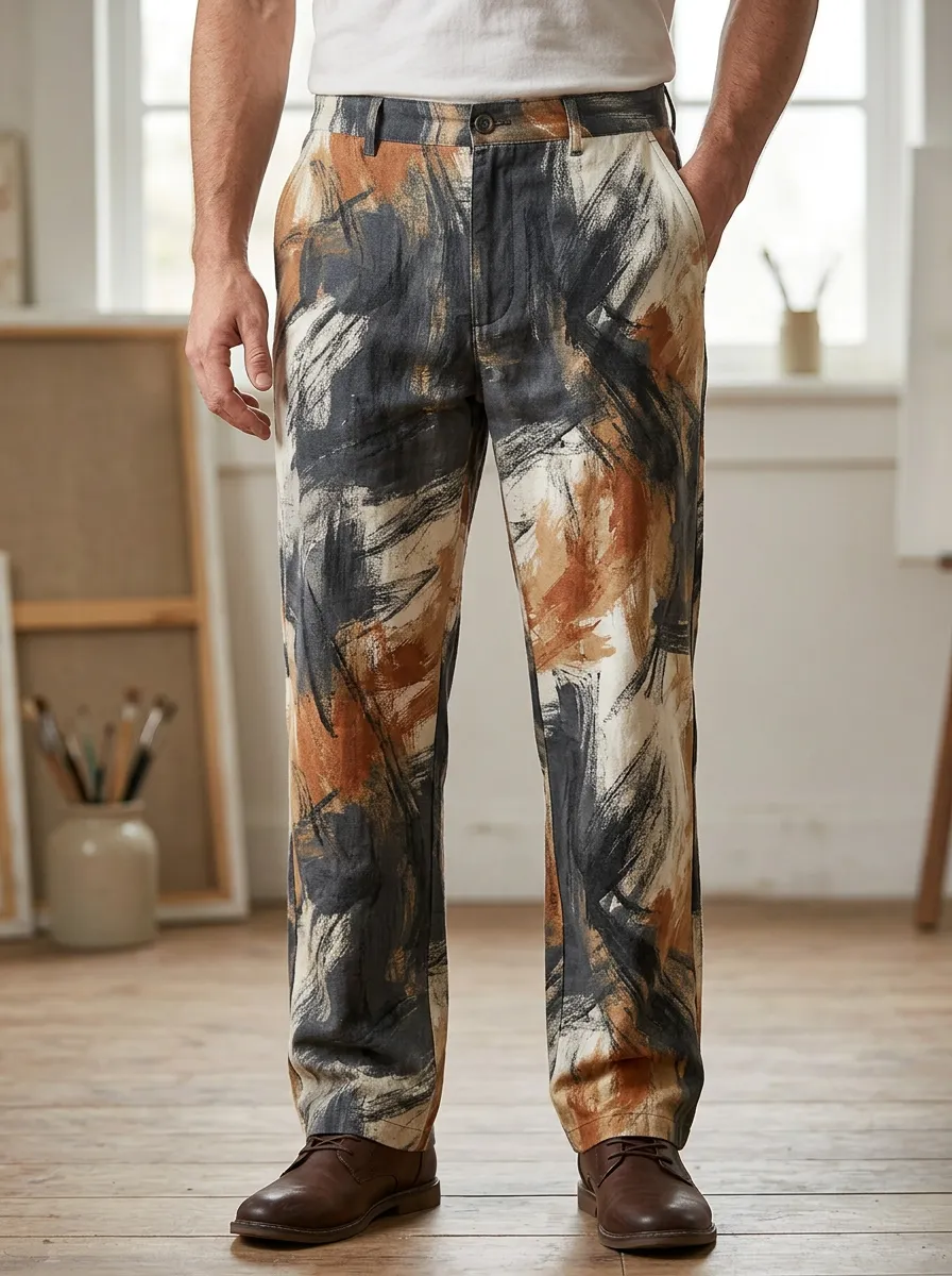 Men's Abstract Art Style Brown Black Brushstroke Printed Pants