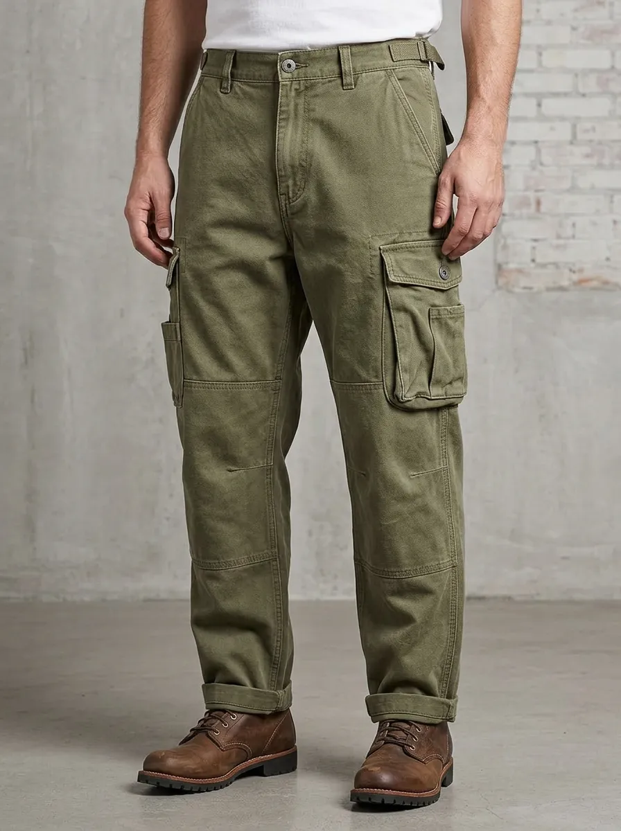 Men's Military Style Olive Green Multi-Pocket Reinforced Knee Cargo Pants