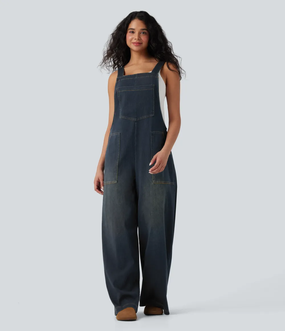  Square Neck Washed Denim Casual Overalls with Pockets