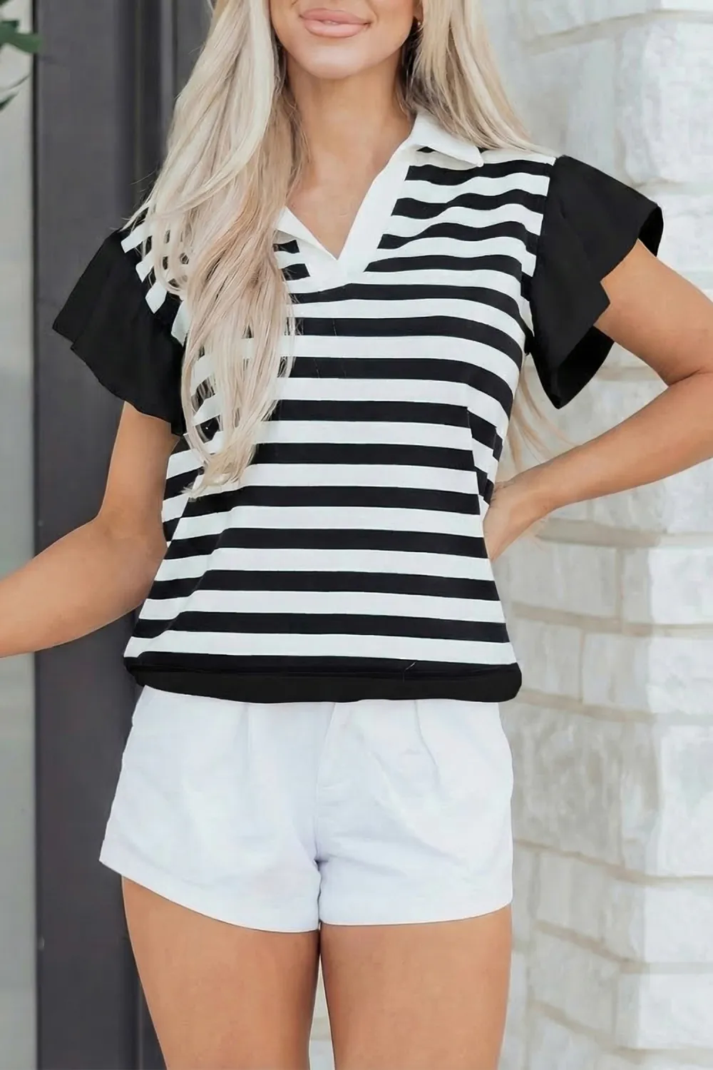Black Stripe Collar V Neck Blouse