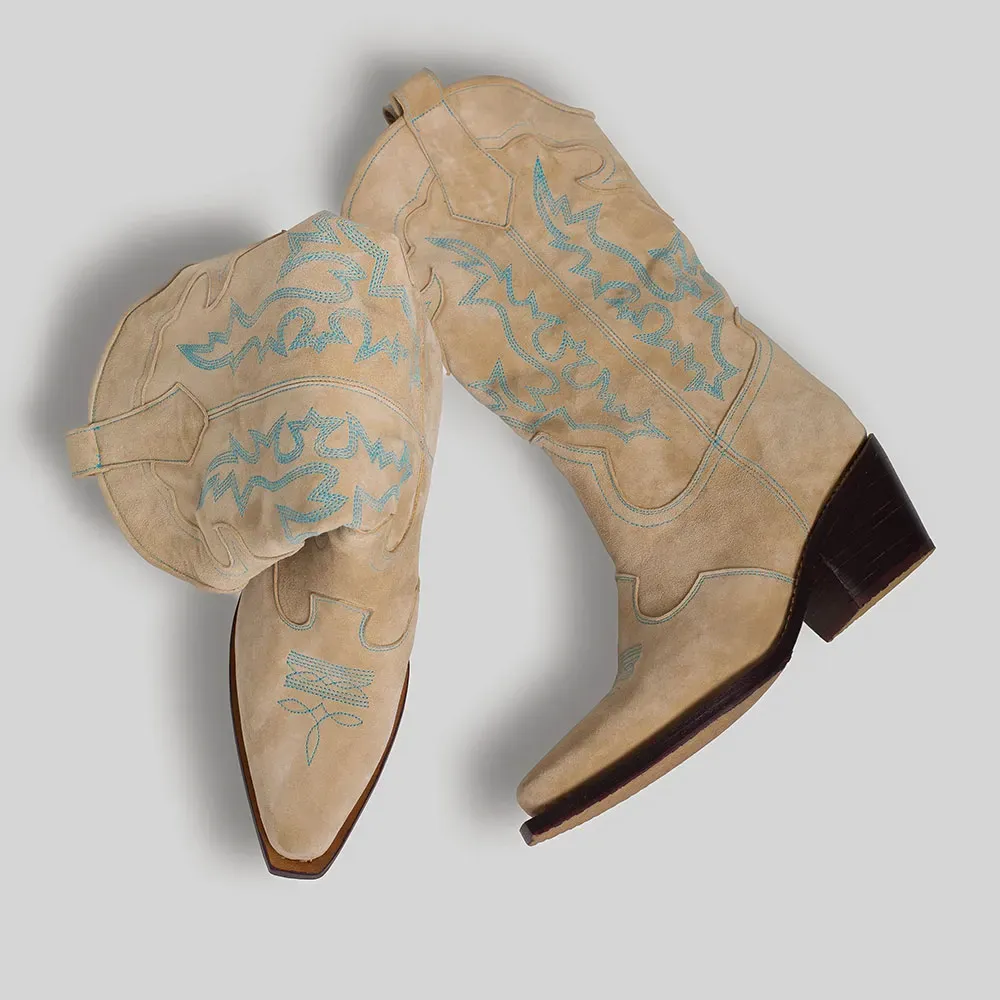 Faux-Suede Embroidered Block-Heel Platform Mid-Calf Boots