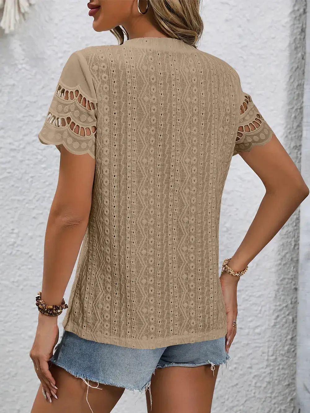 Eyelet Round Neck Short Sleeve Top