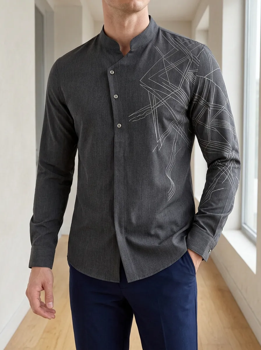 Men's Embroidered Long Sleeve Mandarin Collar Slim Fit Shirt