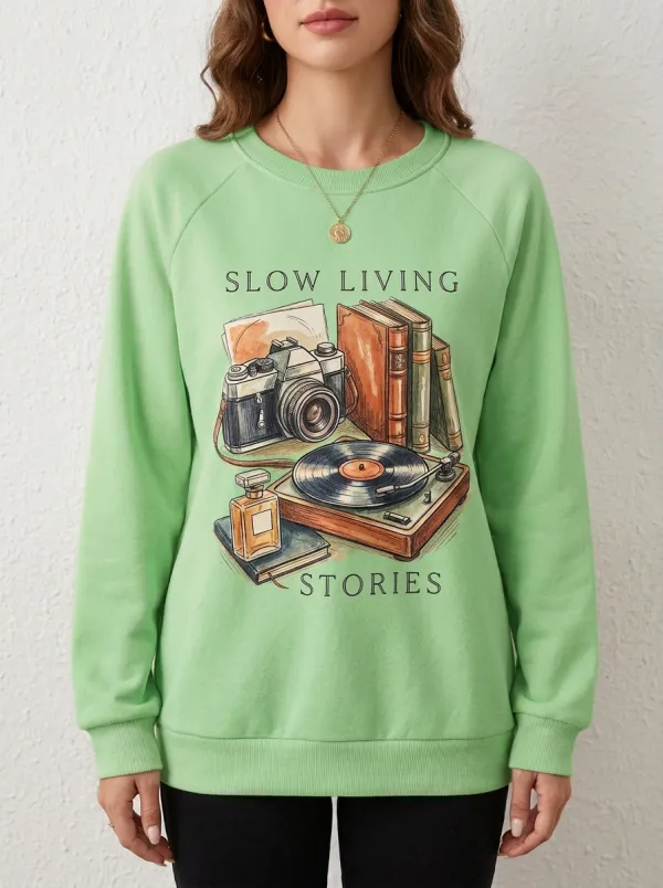 Women's Slow Living Camera Books Vinyl Printed Sweatshirt