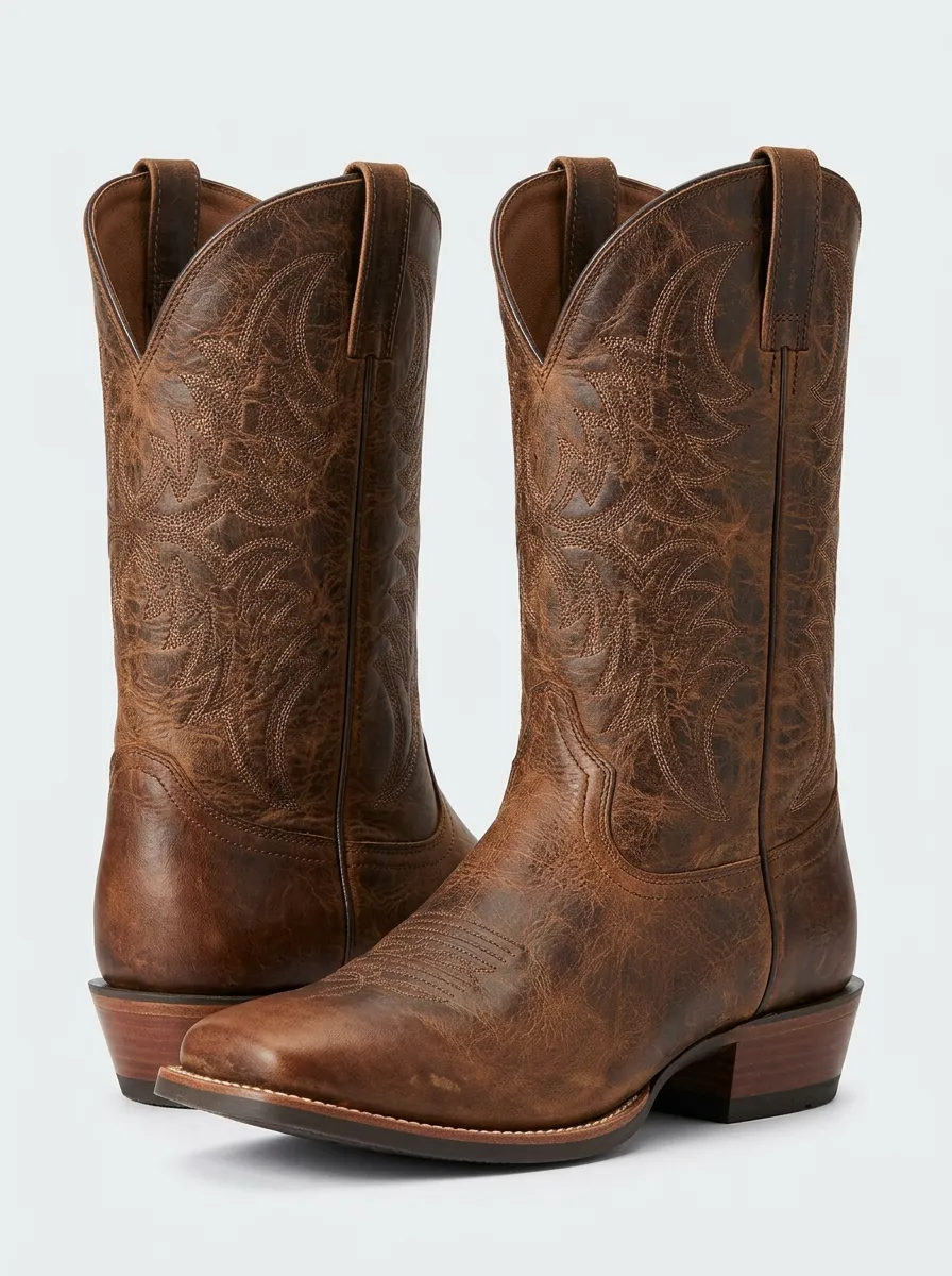 Ranchwear Embroidered Distressed Leather-Look Rodeo Style Unisex Western Cowboy Boots
