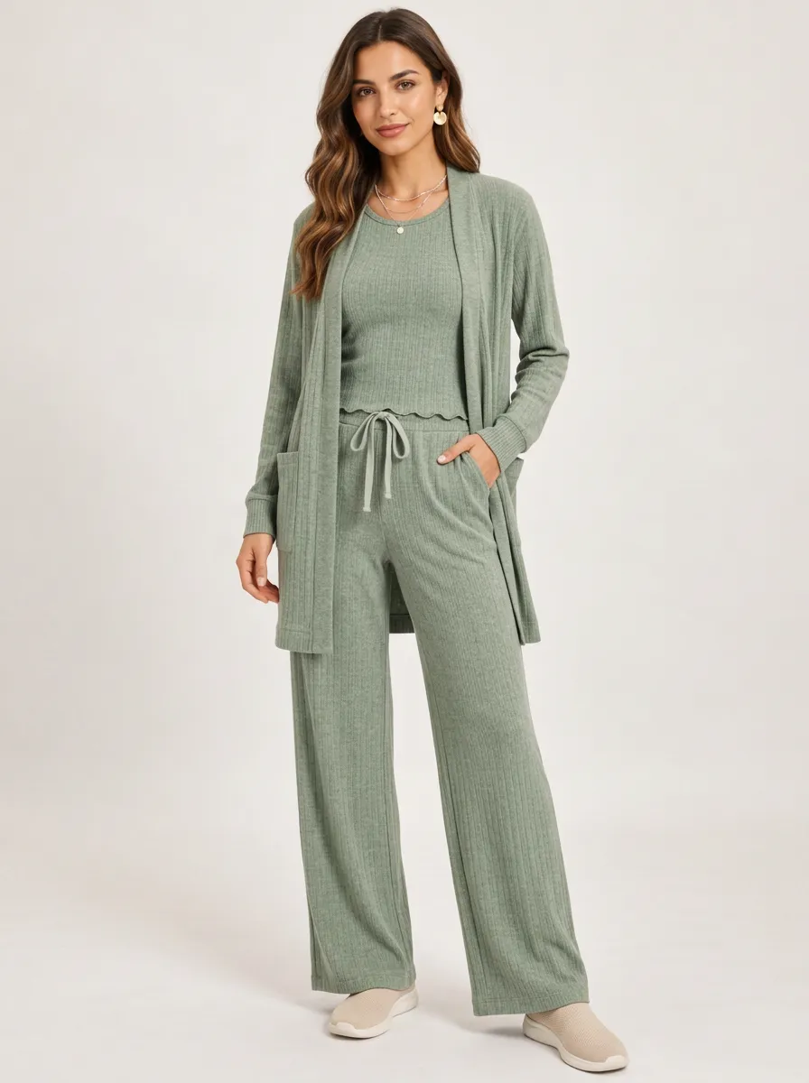 Women's Sage Green Ribbed Knit Casual Cardigan, Tank and Wide Leg Set with Pants