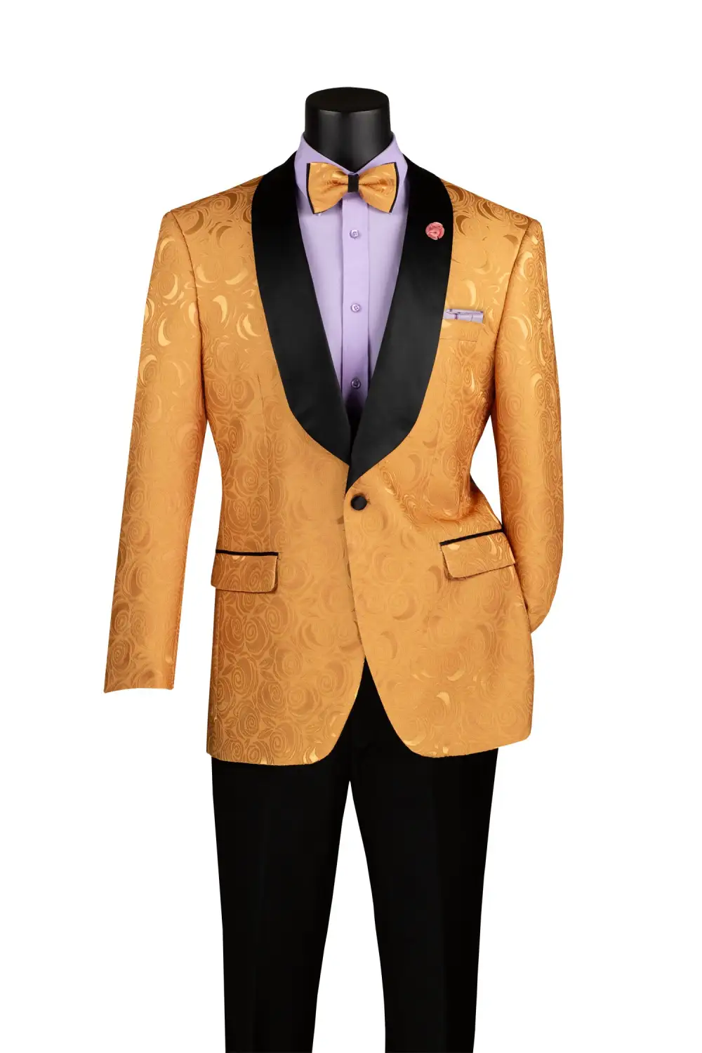 Gold Regular Fit Jacquard Floral Single Breasted Shawl Lapel Blazer