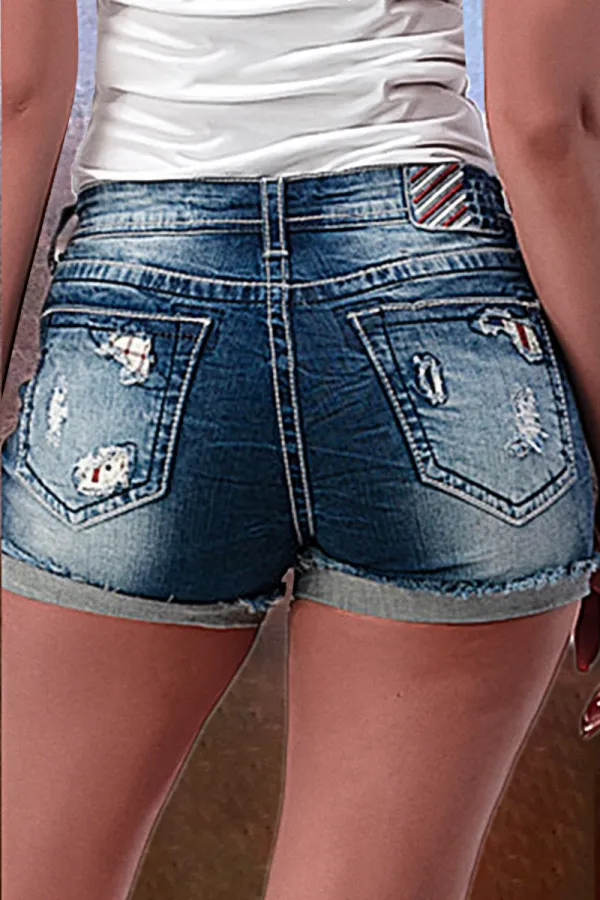 American Flag Patched Ripped Roll Hem Denim Shorts