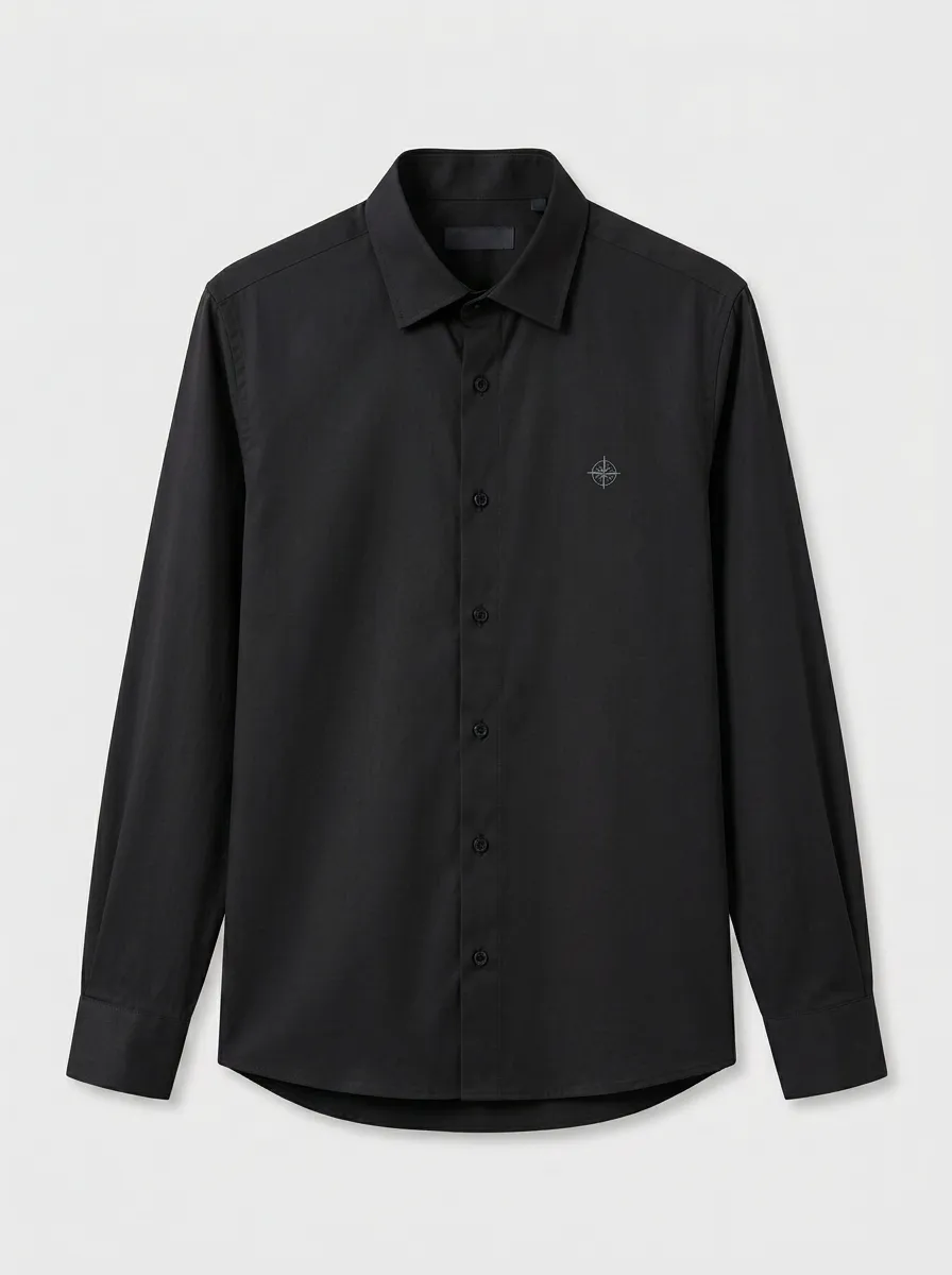 Men's Travel Compass Embroidery Non-Iron Cotton Long Sleeve Shirt