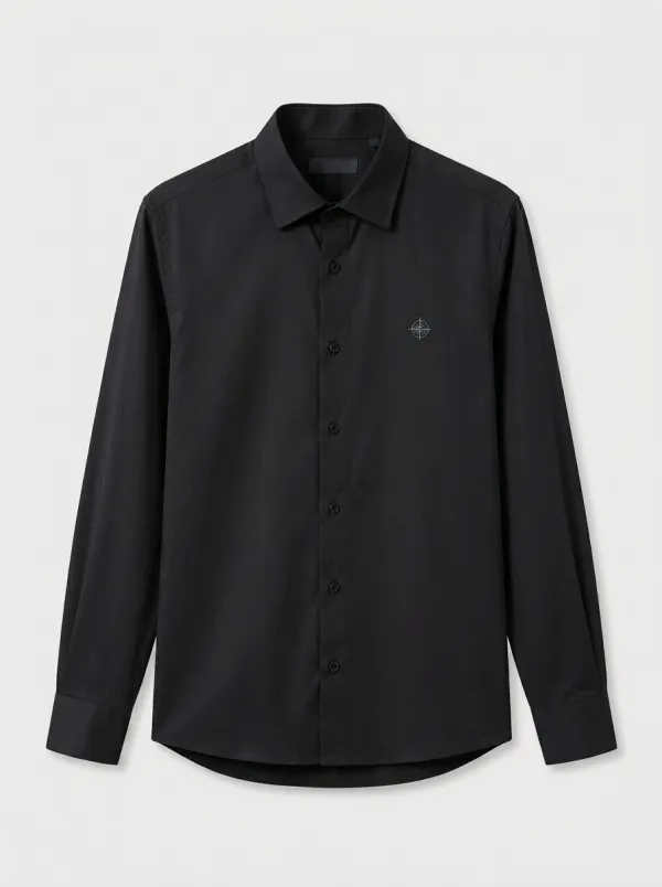 Men's Travel Compass Embroidery Non-Iron Cotton Long Sleeve Shirt