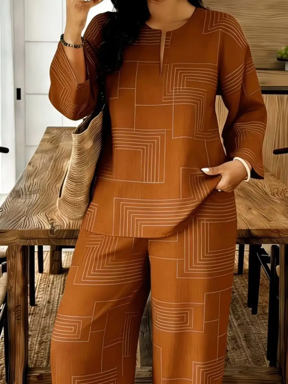 Geometric Print Relaxed Fit Top and Pants Set