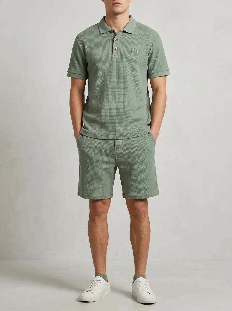 Men's Sage Green Waffle Knit Embroidered Polo Shirt