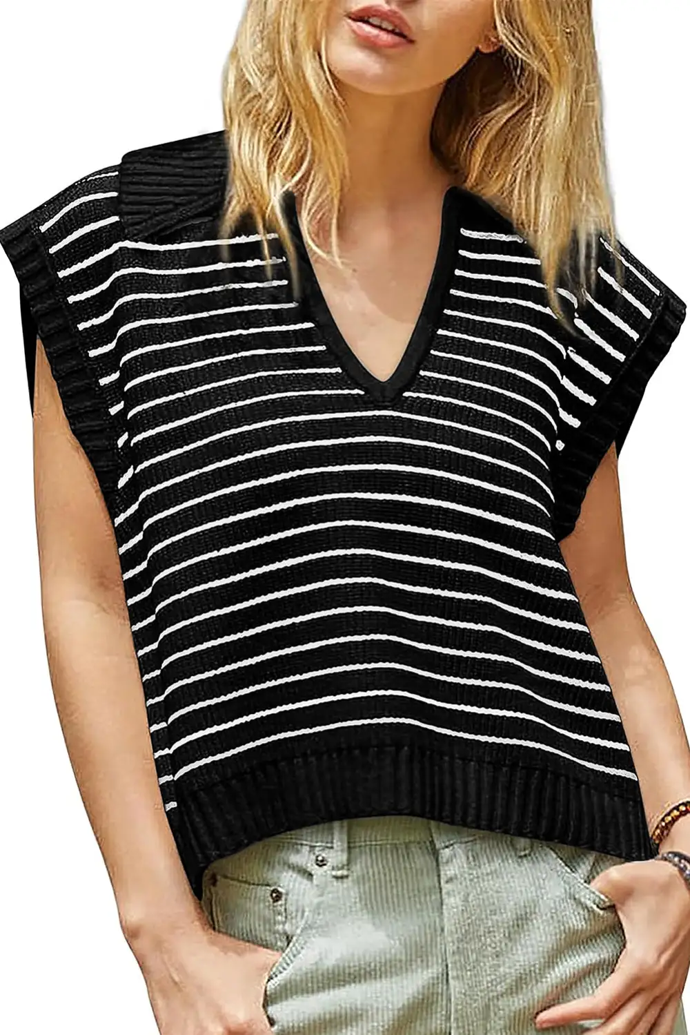 Stripe Turn-Down V-Neck Knit Tank Top