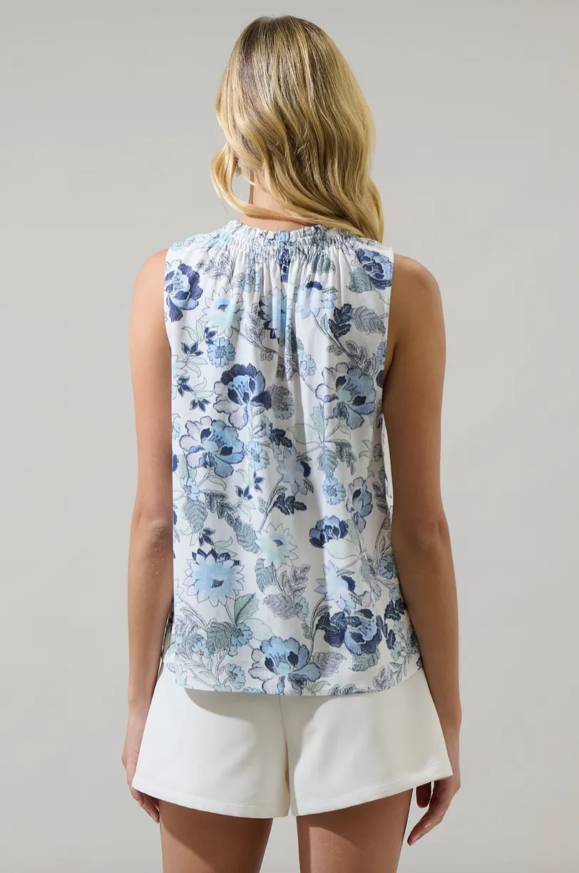 Blue Floral Smock Neck Sleeveless Top