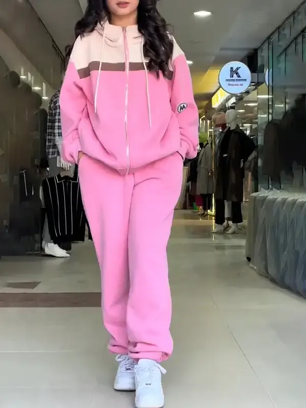 Casual Hooded Contrast Sweatshirt Suit