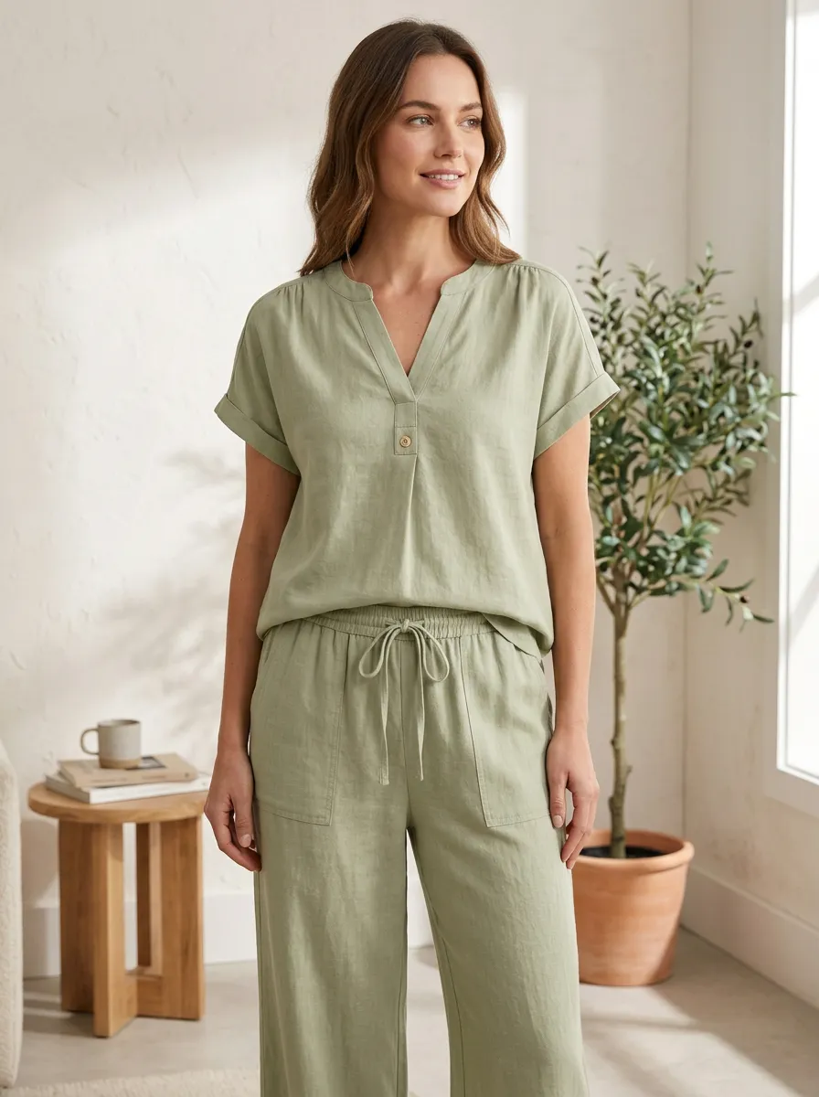 Short-Sleeve Button-Front Linen-Blend Women's V-Neck Shirt