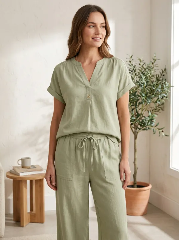 Short-Sleeve Button-Front Linen-Blend Women's V-Neck Shirt