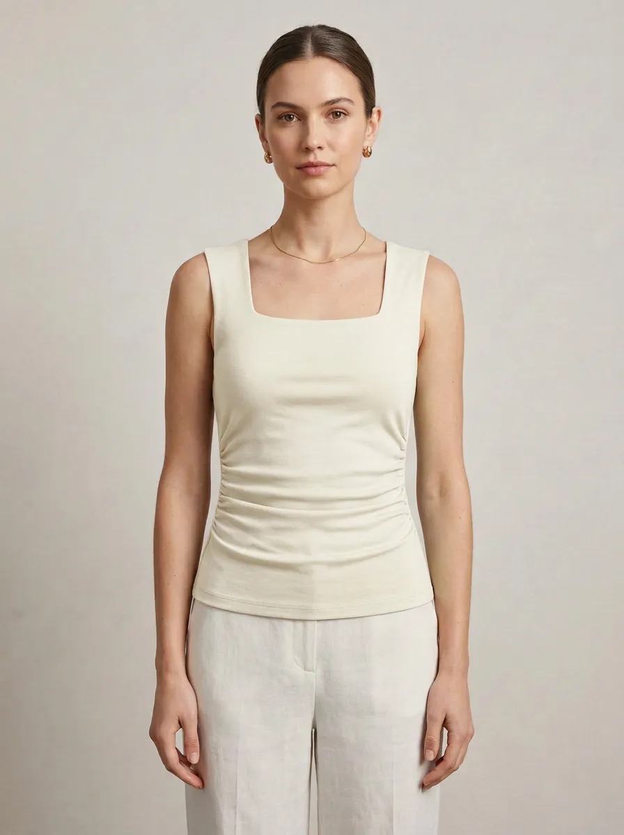 Minimal Square-Neck Side-Ruched Ruched Tank Top