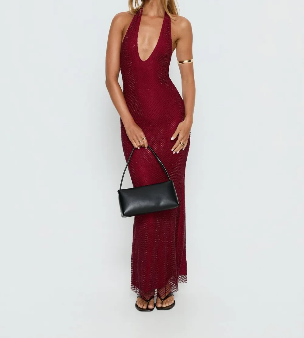 Red Gem-Detail Halter Maxi Dress