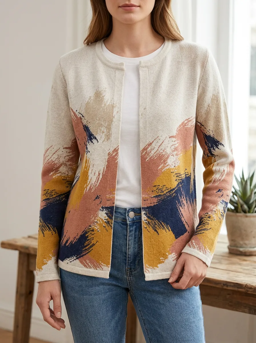 Women's Abstract Brushstroke Pattern Printed Open Front Classic Weekend Cardigan