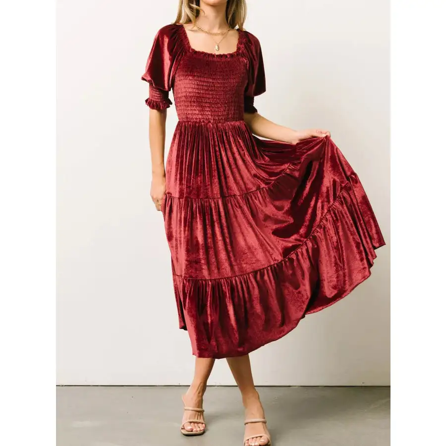 Velvet Smocked Tiered Midi Dress