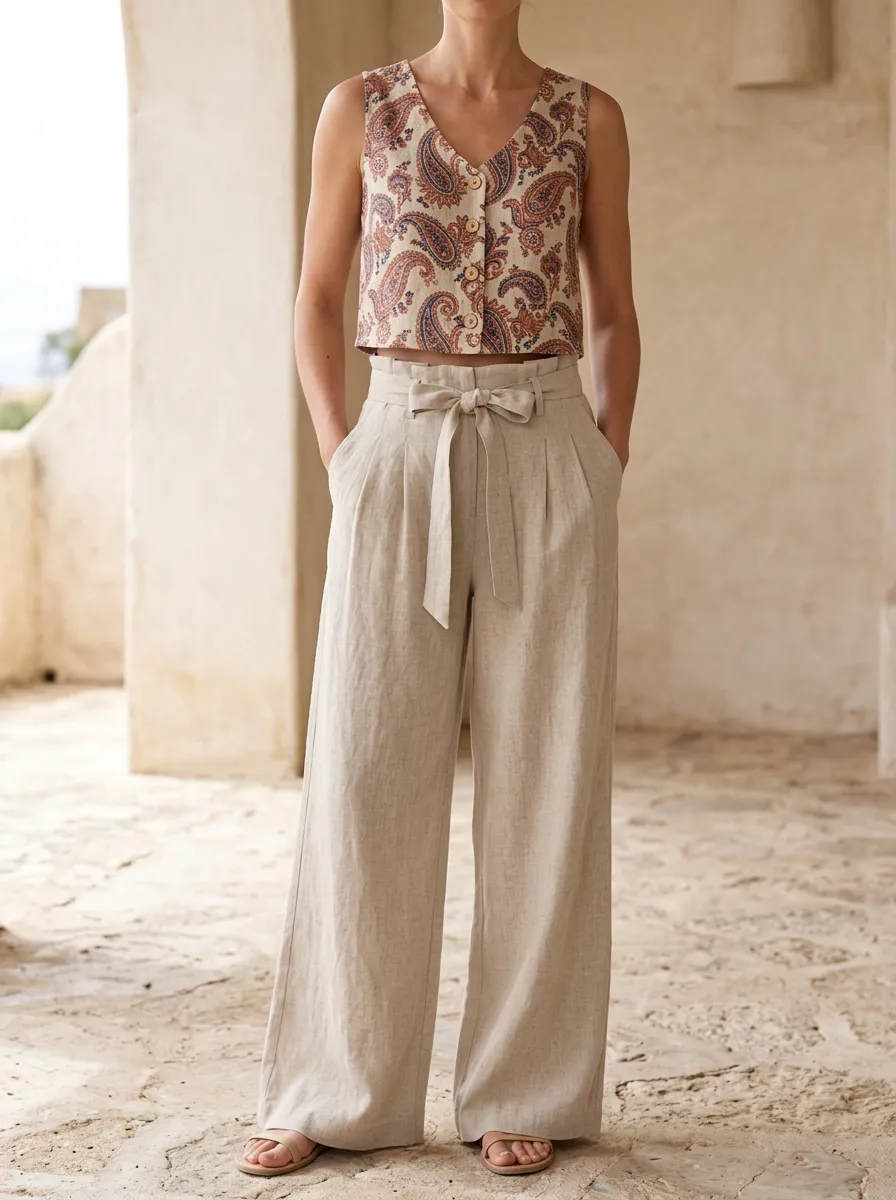Women's Boho Pattern Patterned V-Neck Tank Wide Leg Pants Set