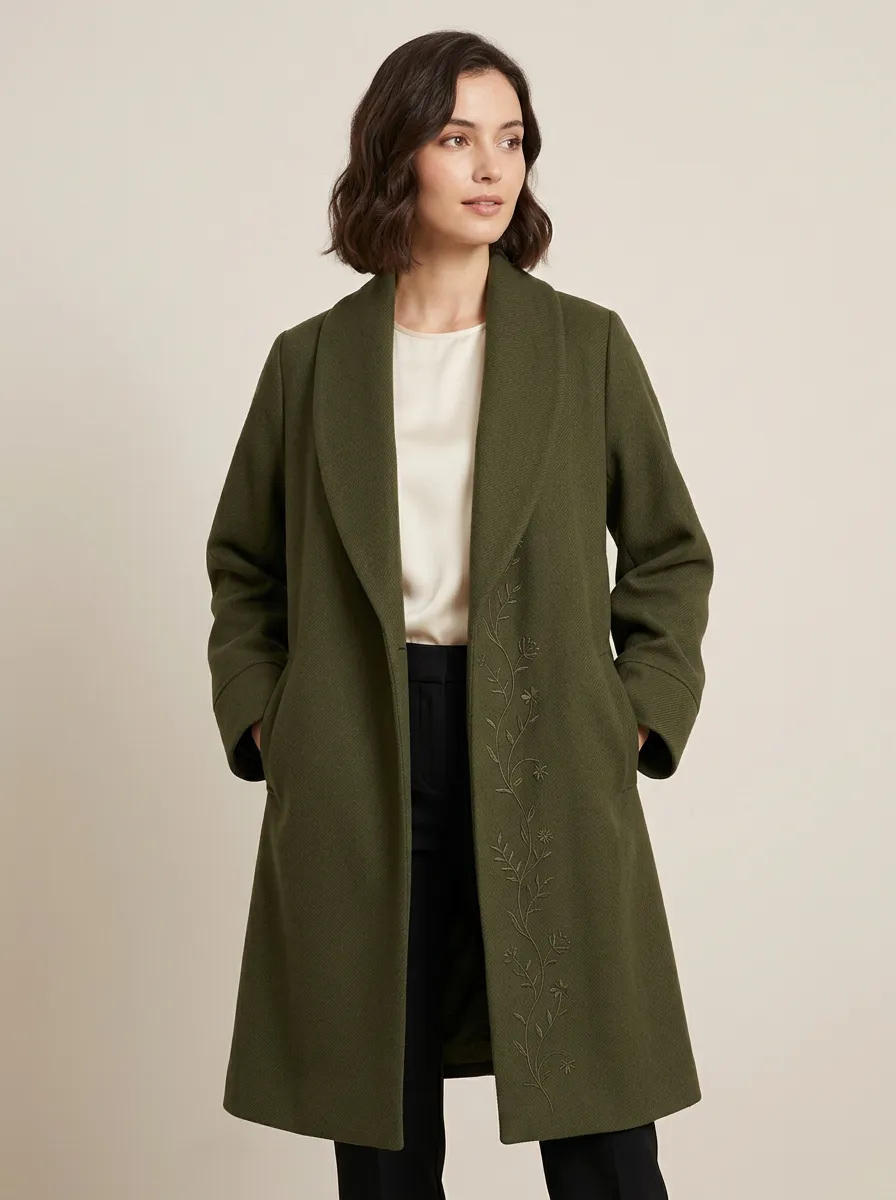 Women's Olive Green Floral Embroidered Pattern Coat