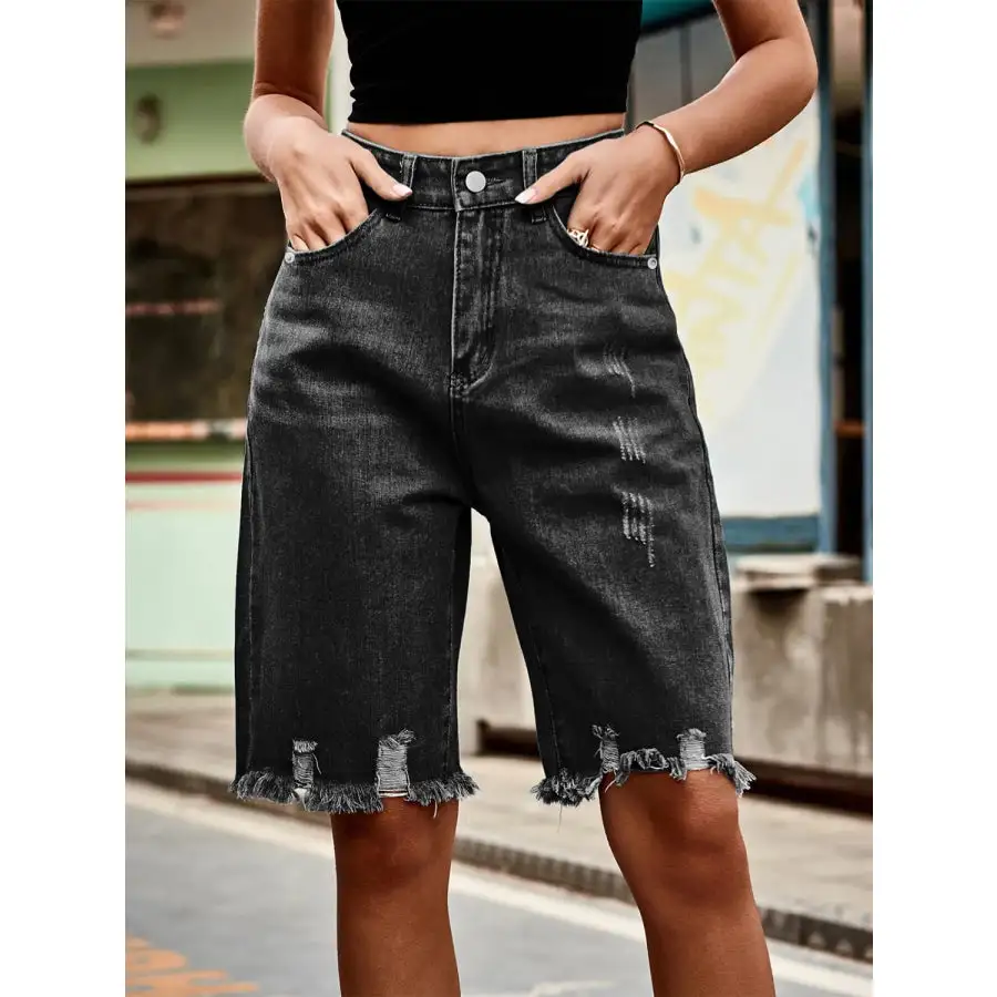 Textured Raw Hem Denim Shorts