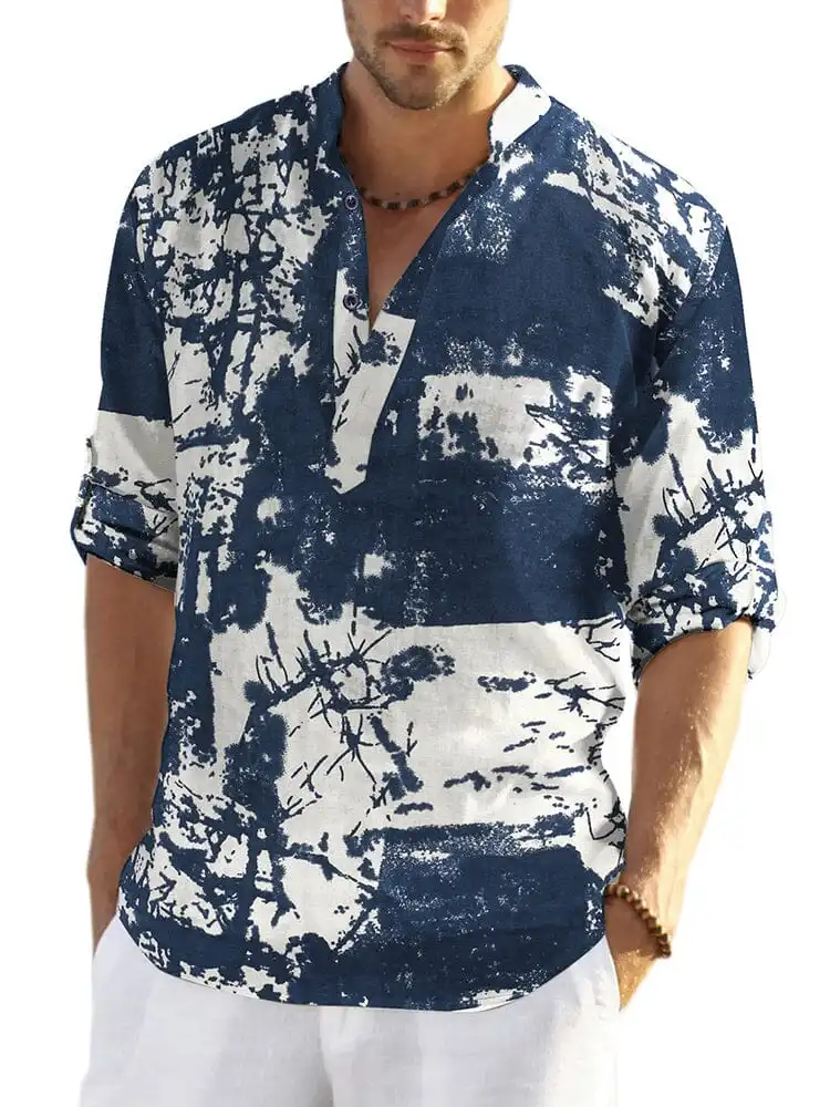 Cotton Linen Printed Henley Shirt