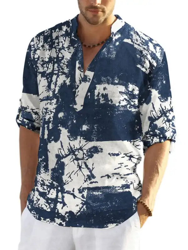 Cotton Linen Printed Henley Shirt